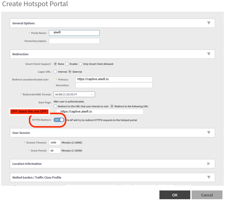 Leave the HTTPS redirect option as OFF (disabled) this will prevent SSL errors on the captive portal when being launched by the controller. 